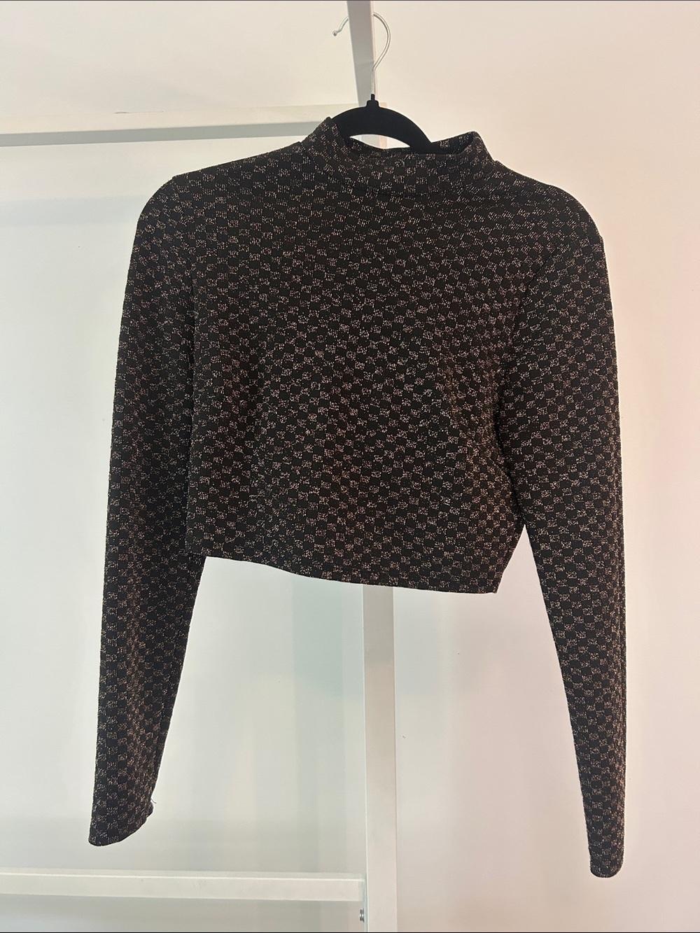 Cropped Mock Neck Long Sleeve and Skirt Set in Black and Gold Checkered Pattern